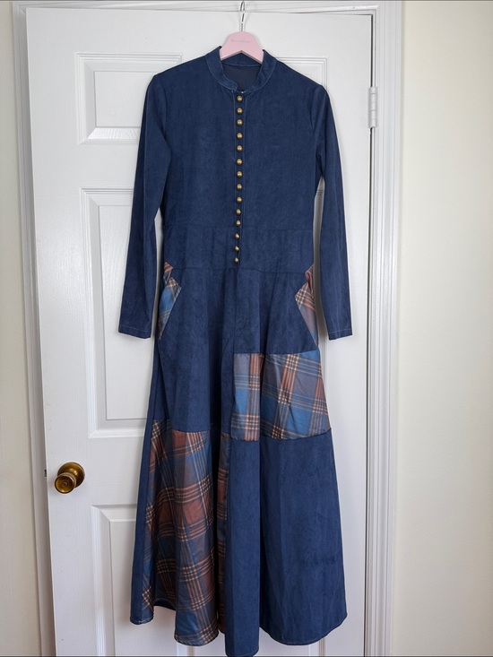 Unbranded Dresses & Skirts - Dark Blue Patchwork Maxi Dress with Buttons and Pockets Medium